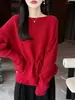 Suéter de Punto de Lana Pura Off-Shoulder Nuevo Invierno 2026 para Mujer, Manga Larga, Color Sólido, Suéter de Lana con Diseño de Corbata
