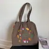 Bolsa de Tote Retro de Nylon Estilo Bosque Bordado, Bolsa Grande de Hombro con Cordón Bordado de Champiñones, Bolsa para Estudiantes de Clase y para Viajar al Trabajo