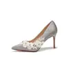 Zapatos de tacón de aguja altos con punta afilada, florales, con cuentas y encaje francés hecho a mano para mujer, 9169E-235