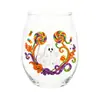 Copa de vino temática de Halloween con patrones de fantasma, gato negro, calavera y calabaza, copa de vidrio decorativa con ambiente festivo