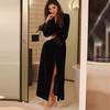 Bata de Punto con Plumas de Estilo Europeo y Americano Nueva de Invierno, Pijama Largo de Terciopelo Cálido para Mujer, Cárdigan Negro de Manga Larga para Uso en Casa