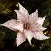 Navidad Simulación Polvo Adhesivo Flor de Tela Plata Blanca Flor Decorativa Adornos para Árbol de Navidad Boda 25cm Flor de Navidad