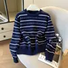Foto Real Outono Inverno Novo Estilo Coreano High-End Simples Temperamento Fashion Suéter de Tricô Listrado Pulôver Top
