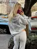 Conjunto de Pantalones con Capucha y Alas de Lentejuelas Estilo Europeo y Americano Streetwear Transfronterizo para Mujer, Sudadera con Bolsillo y Cuello en V, Pantalones de Pierna Recta, Exportación