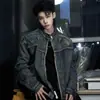 Chaqueta de Mezclilla Anaglifo Lavada Estilo Americano Marca de Moda Streetwear Europeo y Americano hiphop Cuello Vertical Corto Chaqueta Biker