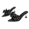 Exclusividad transfronteriza: Sandalias de tacón alto con lazo de satén de lunares para mujer, mules retro de una tira, sandalias versátiles para exteriores para el verano