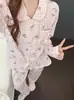 Pijama de Mujer Nuevo Estilo Algodón Nube Cuello de Muñeco, Manga Larga y Pantalones, Conjunto de Ropa de Casa Delgado Dulce con Estampado de Dibujos Animados, Venta al Por Mayor Transfronteriza