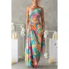 Moda de Verano para Mujer para Comercio Exterior, Estilo Europeo y Americano, Sitio Independiente, Aliexpress, Vestido de Tirantes Cruzados Plisado Estampado de Un Solo Hombro Sin Mangas Inspirado en Diseñador