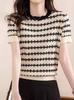 Verão Chanel estilo de manga curta T-shirt das mulheres curto estilo ocidental apertado cintura top listrado camisola de seda gelo fino