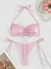 Biquíni Halter Rosa com Glitter Europeu e Americano para Mulheres Amarração Frontal com Cordão Maiô com Fenda Roupa de Banho para Férias na Praia Transfronteiriça