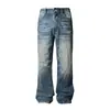 Jeans Retro Americanos Azul Oscuro con Grietas de Rayos para Hombre y Mujer Pantalones Anchos Holgados Vacíos Lavados Rectos Micro-pantalones