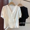 Micro Retro Francês Textura Franzida Decote V Manga Bufante Fechamento Oblíquo Cintura Pequena Camisa Top Verão Feminino X0707S