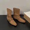 Botines Franceses Retro, Punta Cuadrada Pequeña, Tacón Grueso, Botas de Moda de Dos Formas de Llevar, Tacón Bajo Adelgazante, Botas Arrugadas, Botines de Media Pantorrilla para Mujer