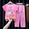 Pijama infantil de verão fina de manga curta para meninas, conjunto de calças, roupa de casa com ar condicionado para meninas fofas e crianças mais velhas, roupa de passeio