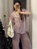 Pijama Morado con Ribete de Encaje para Mujer, Conjunto de Dos Piezas de Manga Corta y Pantalón Largo de Verano, Estilo Pequeño y Fragante, Ropa de Casa Casual Holgada para Mujer