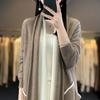 Lã Pura Outono e Inverno 2023 Novo Cardigã Suéter Jaqueta Tricotado de Cashmere Feminino Gola V Colorblock Casual Comprimento Médio Comprimento do Joelho