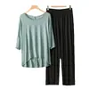 Conjunto de dos piezas para mujer: camisa de modal de manga tres cuartos estilo murciélago y pantalones rectos, conjunto de verano suelto adelgazante para casa