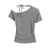 FS561-25 Primavera Nuevo Estilo Europeo y Americano Blogger INS Camiseta de Manga Corta Ajustada con Cordones y Pliegues en el Hombro Diagonal