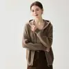 26 Otoño Invierno Nuevo Diseño con Cordón Abrigo para Mujer Cachemir Doble Capa Engrosado Punto Canalé con Capucha Cremallera Cárdigan
