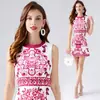 Verão 2024 Novo Vestido Curto Feminino de Alta Qualidade Palaciano Vintage Estampado com Gola Redonda Sem Mangas Acinturado