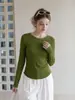 Camiseta Feminina Forever estilo Coreano, gola redonda, manga longa, costura verde contrastante, design outono slim fit