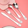 Tenedor de acero inoxidable 304 cuchillo de caricatura, juego de tenedor y cuchara cuchara de jardín de infantes regalo de comida occidental para niños caja de regalo de cuatro piezas
