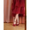 Zapatos Mary Jane Rojos con Correa Única para Mujer, Nuevo Estilo 2025, Zapatos de Boda con Tacón Grueso, Zapatos Xiuhe, Tacones Altos de Punta Cuadrada, Zapatos de Boda de Boca Baja