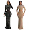 C6863 Moda Europea y Americana Transfronteriza Aliexpress Amazon Vestido Largo de Malla Color Sólido con Pedrería para Mujer