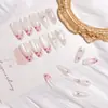 24 Peças de Unhas Postiças Rosa Chiclete Estampa de Leopardo Olho de Gato Estilo Francês Doces e Femininas Decoradas com Laço e Diamante Manicure
