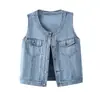 Foto real de chaleco de mezclilla suelto vintage para mujer, chaqueta corta sin mangas, chaleco versátil para figuras petite, chaleco de cuello redondo