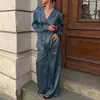 Conjunto de Cetim Drapeado Outono/Inverno 2026: Caimento Solto, Gola Reversível, Cardigã de Manga Longa, Calça Wide Leg de Cintura Alta, Conjunto Casual Vintage de Duas Peças