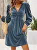 Vestido de Veludo Novo Estilo Europeu e Americano Feminino Decote em V Profundo Mangas Bufantes Cintura Marcada Saia Evasê Elegante Manga Longa Curto Vestido de Festa