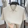 Camiseta de Seda Gelada de Manga Curta para Homens, Novo Estilo de Verão, Cor Sólida, Casual, para Jovens e Meia-Idade, Gola Reversível, Roupa Masculina