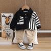 Conjunto de Roupas de Primavera para Meninos 2024 Novo Suéter de Manga Longa Infantil Polo Listrado Elegante e Bonito Conjunto de Duas Peças