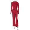 Ropa de Mujer Europea y Americana 2025 Invierno Nuevo Manga Larga Cuello Redondo Color Puro Ajustado Pantalones con Puntada Inversa Traje de Dos Piezas para Mujer Venta al por Mayor