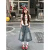 Shorts de mezclilla cortos para mujer con bordado de cachorro estilo americano, pantalones rectos anchos casuales de verano finos y holgados