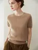 Estilo Old Money Camiseta de Cachemir 100% Puro para Mujer Manga Corta Cuello Redondo Suéter de Punto Trenzado Base Suave de Color Sólido Nuevo