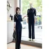 Conjunto de Moda Casual Estilo Francês para Mulheres 2025 Outono Color-Blocking Top Afinando a Cintura e Calças de Cintura Alta Conjunto de Duas Peças