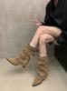 Novas Botas Curtas Americanas Quentes de Outono e Inverno para Mulheres que Aumentam a Altura, Novas Botas Ocidentais de Jeans com Bico Fino, Pernas de Calça com Rebites 2025, Preto