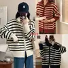 Cardigan de Punto de Otoño e Invierno Estilo Coreano Nuevo Holgado de Moda con Solapas Rayas de Bloque de Color Chaqueta Suéter con Cremallera para Mujer Tendencia