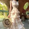 Rocío de la Mañana Rosa Resort Francés Espalda Descubierta Floral Cuello Gasa Sexy Verano Escalonado Largo Vestido Floral de Princesa