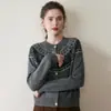 Nuevo Suéter de Cachemira Estilo Retro Cuello Redondo Suave Cardigan Tejido tipo cera Chaqueta Suéter de Lana Jacquard Fair Isle de Manga Larga para Mujer