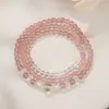 Pulseira de Cristal de Morango Natural e Cristal Branco com Estrela e Lua Empilháveis, Pulseira de Pérolas de Três Camadas para Mulheres, Pulseira de Cristal Exquisita, Item de Nicho