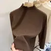 Suéter de malha com gola alta e borda de babados para mulheres, cor sólida, primavera e outono, top único e de corte justo com mangas compridas