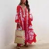 Vestido de Moda Europea y Americana Transfronterizo 2025 para Mujer, Holgado, de Manga Larga, con Cordones, Cuello en V, Estampado, Dobladillo Ancho