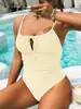 Traje de baño de una pieza de moda popular europea y americana para mujer 2025 Sexy Push-Up con cordón Aspecto adelgazante Color liso Traje de baño Cómodo Nylon
