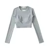 Camiseta Corta Sexy de Manga Larga para Chica Caliente para Mujer Otoño Ajustada con Almohadilla en el Pecho Deportiva con Espalda Grande sin Espalda Sudadera Camiseta Top