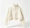 Suéter curto de gola alta com zíper parcial estilo coreano para mulheres, caimento solto, canelado, para baixinhas, cintura alta, cropped, top de tricô pullover para usar como peça externa