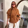 Comércio exterior transfronteiriço estilo europeu e americano moda feminina ZA AliExpress item mais vendido jaqueta de gola alta com cinto e efeito de textura em camurça