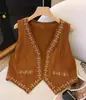 Colete Cardigan Bordado com Franjas e Gola V em Camurça Sintética Estilo Étnico Retro para Mulheres com um Design Chinês Novo Único e Chique